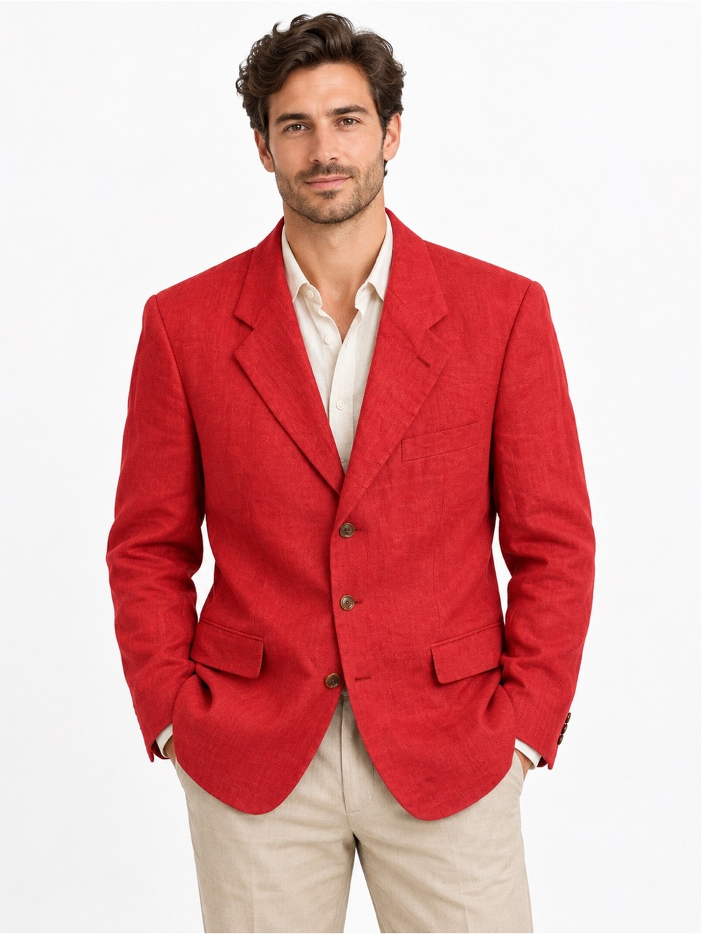 Hugo Boss Mens Red 100% Linen Blazer Sport Coat Size 52 EU/42R US Vintage 80/90